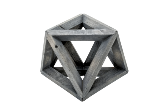 Gray wooden geometric sphere.  Interlocking triangular framework.  Studio shot, dark background