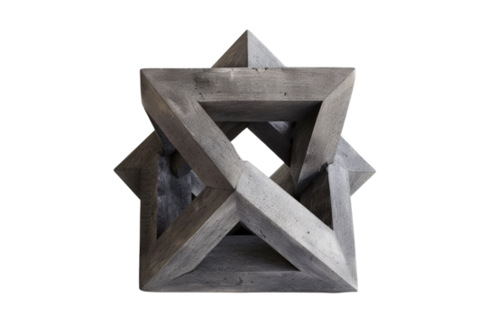 Abstract concrete sculpture.  Interlocking geometric shapes.  Gray, textured surface.  Complex, 3D form