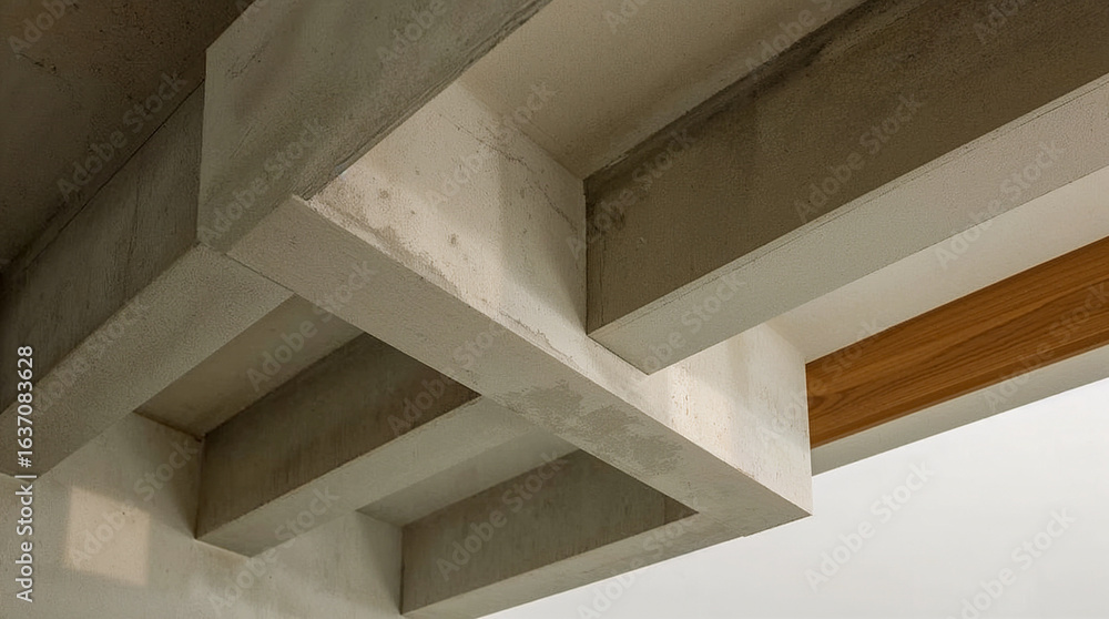 Poster an abstract view of a ceiling with interlocking concrete beams and a wooden beam, creating a modern 
