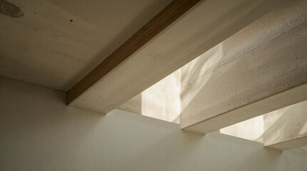 Modern architecture with exposed concrete beams and a wooden accent, illuminated by natural light creating dramatic shadows on the textured walls and ceiling.
