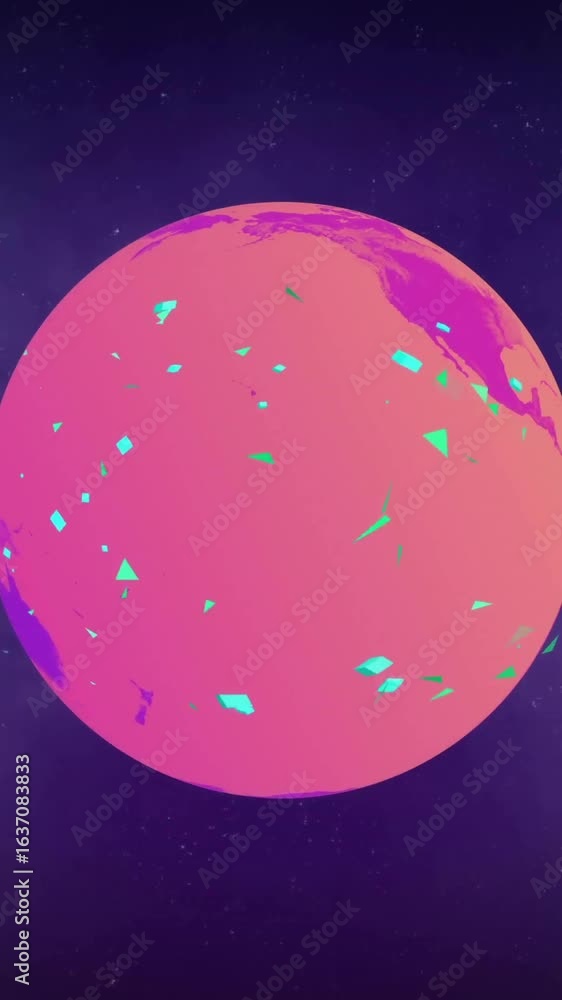Poster geometric shapes and planet in space animation with neon colors
