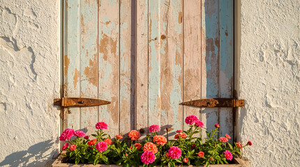 A rustic, weathered wooden shutter adorned with pink and orange flowers below, set against a textured white wall. Natural light casts soft shadows.