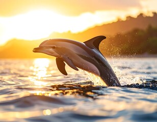Dolphins leaping in golden sunset