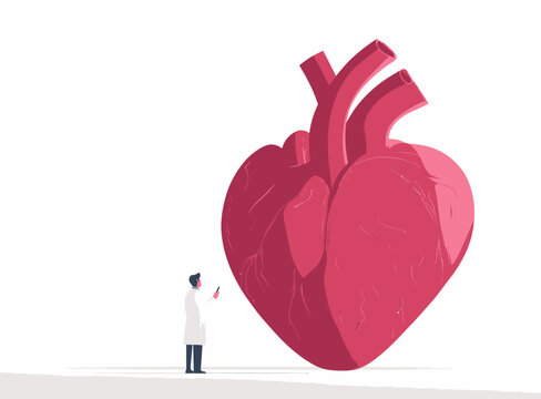 The medical professional is carrying out an electrocardiogram. Heart health concept with diminutive figures. Flat, sleek modern illustration.