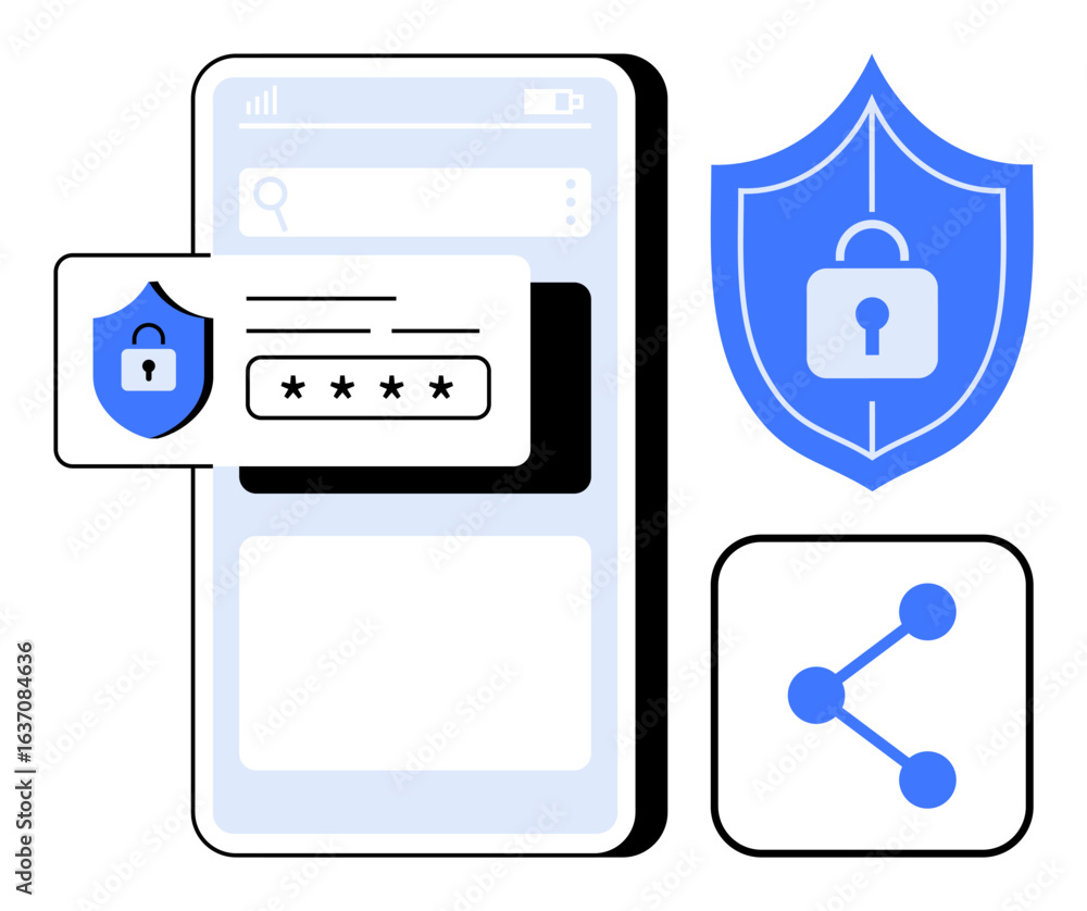 Poster smartphone interface with password field, shield for security, and data-sharing icon. ideal for cybe
