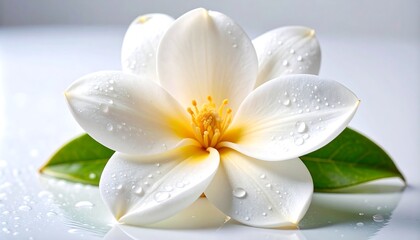 Close-up of a pristine white magnolia flower with dew drops