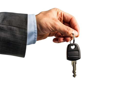 Close-up of a hand in a suit, holding car keys