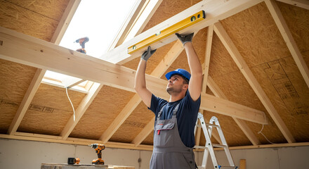 Fototapeta premium Focused rooftop carpenter checking wooden beam with spirit level during roof construction or renovation project.