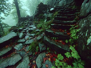 a rocky path in the woods with leaves and rocks, romantic simple path traced, unreal engine.