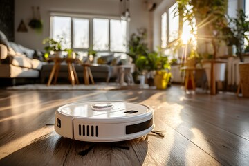 a roomba on a wooden floor in a living room, robot shadow, walking with a robot,