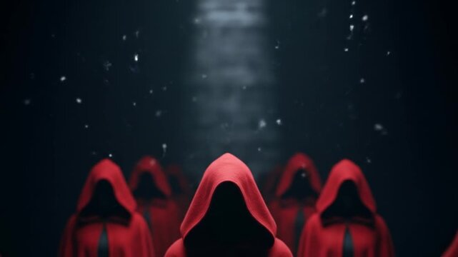 A mysterious group of faceless figures in red hooded cloaks stand together in a dark, cinematic scene.