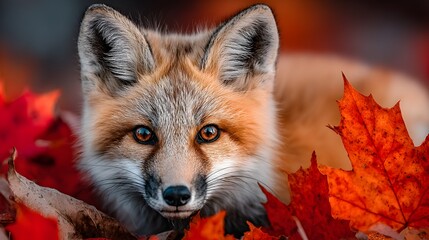 Fototapeta premium a fox with a blue eye, fox animal, red fox, cute fox, fox, whimsical fox, beautiful autumn spirit,