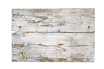 Aged, weathered wooden plank sign.  Faded white and light brown tones.  Visible wood grain.  Two layers.  Small, dark holes