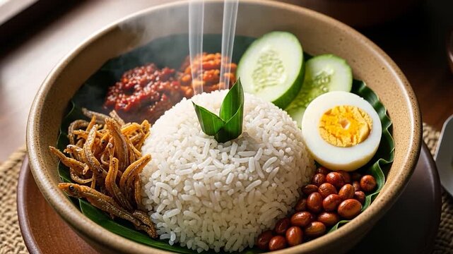 Authentic Nasi Lemak: Hot Malaysian Coconut Rice Dish with Spicy Sambal, Crispy Anchovies, Peanuts, Egg, and Cucumber.