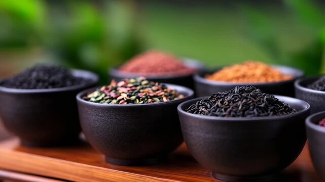 Enjoy a colorful collection of spices and herbs arranged in black bowls in a serene outdoor setting