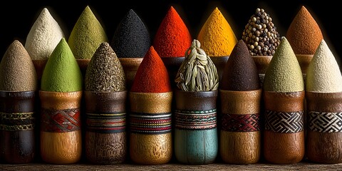 a group of wooden crayos, spices, bottles of spices, culinary art photography,