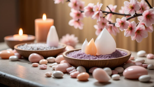 Spa still life with blossom, candles, bath salts and pebbles on table.