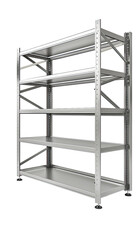 Metal shelving unit with multiple tiers.  Adjustable shelves.  Industrial design.  Mobile storage