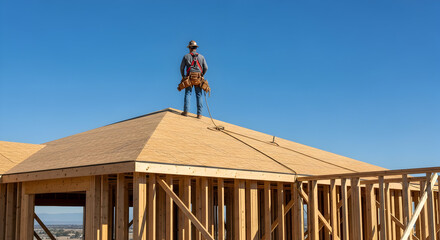 Rooftop Carpenter Overseeing New Home Construction Against a Clear Blue Sky