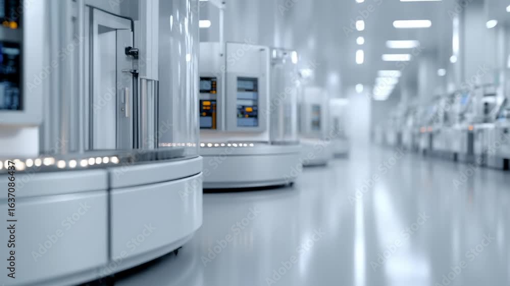 Poster high-tech automated machinery operates in a cleanroom environment.