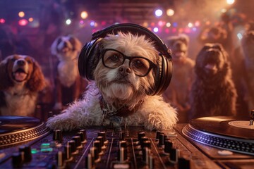 Fototapeta premium A dog wearing headphones and glasses stands at a DJ booth, mixing music. Surrounding canines watch excitedly as colorful lights illuminate the playful party atmosphere.