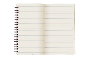 Open spiral-bound notebook with lined pages.  A vintage-style, blank notebook,  showing slightly worn edges, and a burgundy spiral binding, is open, revealing lined pages