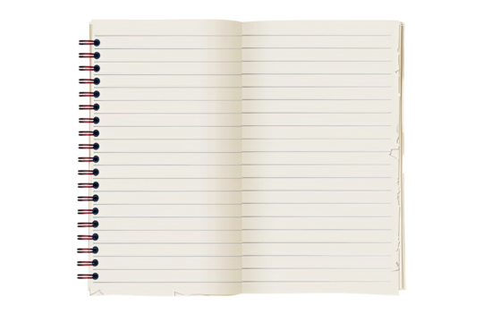 Open spiral-bound notebook with lined pages.  A vintage-style, blank notebook,  showing slightly worn edges, and a burgundy spiral binding, is open, revealing lined pages