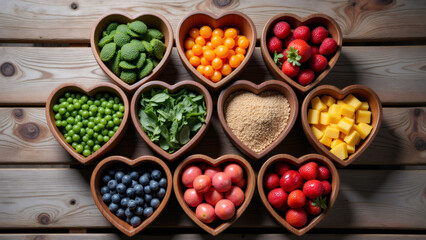 Heart-shaped bowls filled with healthy fruits and vegetables on wood.