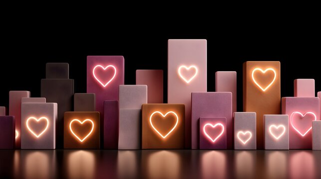 a group of pink and white boxes with hearts, several hearts, many hearts, neon electronic signs, - Powered by Adobe