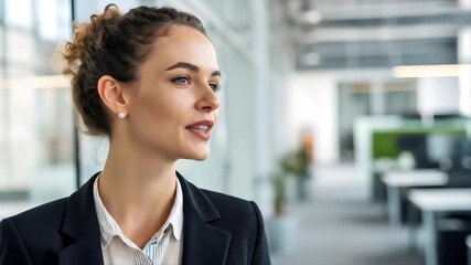Young confident businesswoman in a suit smiling and talking at the camera - Powered by Adobe
