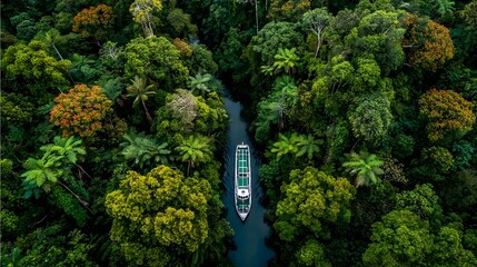 a boat in the middle of a jungle, amazon jungle, in a river in the jungle,