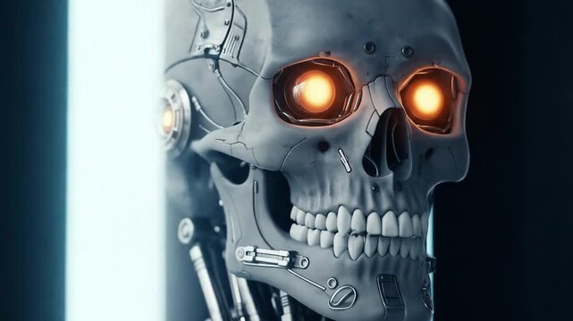 Advanced Cybernetic Skull with Intense Glowing Orange Eyes in a Dark, Futuristic Sci-Fi Environment