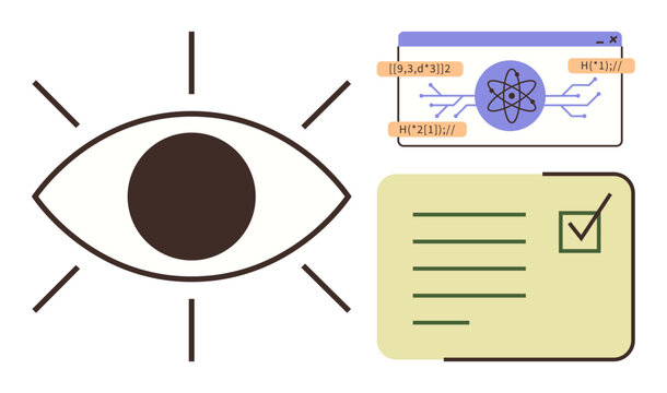 Eye with radiating lines, science webpage, and checklist note symbolize observation, research, and knowledge organization. Ideal for learning, education, analysis, innovation creativity insight