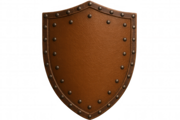 Medieval leather shield featuring metal rivets, offering defensive protection against medieval warfare, isolated on transparent background