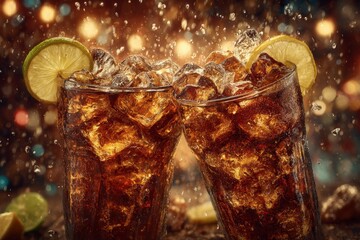 Two glasses filled with sparkling cola and ice sit on a wooden table, adorned with lime slices. Bubbles rise as droplets splash, creating a lively, celebratory vibe at twilight.