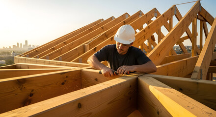 Skilled Rooftop Carpenter Crafting Timber Roof Trusses at a Construction Site During Golden Hour, Overlooking a Cityscape