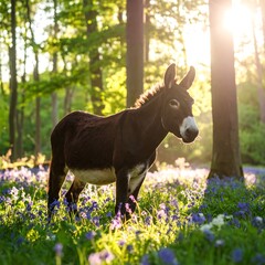 Donkey in a sunlit forest meadow