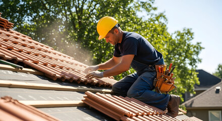 Skilled rooftop carpenter installing new terracotta tiles on a residential building.