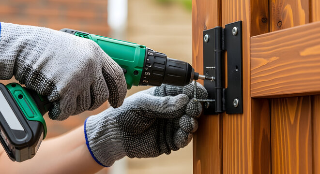 Diligent Rooftop Carpenter Installing Hinge on Wooden Gate with Cordless Drill - Powered by Adobe