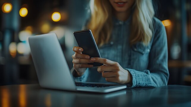 Woman using smartphone and laptop in cafe, digital nomad lifestyle, modern technology, communication, online work, freelance, business, internet, social media