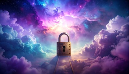 A golden padlock on a pathway through a vibrant nebula