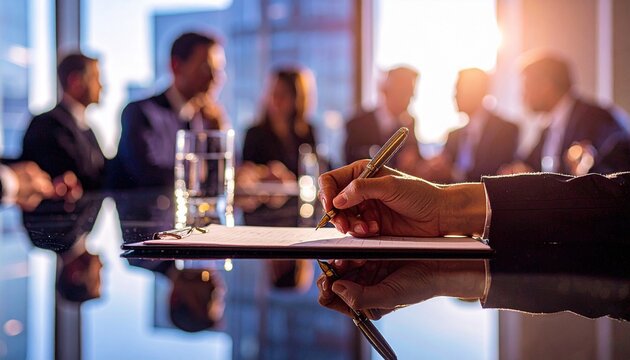 a company secretary is summarizing the results of the meeting, hand holding a pen and writing the minutes in a meeting agenda notebook, the atmosphere of the meeting is being conducted in a room