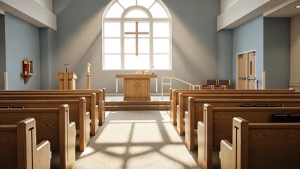 Bright Modern Church Interior with Sunlight Streaming Through Cross Window - Powered by Adobe
