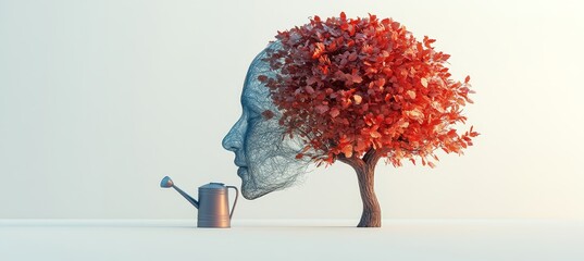 Imagine a human brain sprouting from a tree in full bloom, with a watering can pouring water onto the mind. This visual represents the idea of mental health, fostering a positive attitude and