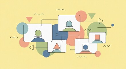 Modern vector illustration of virtual meeting, abstract shapes and clean lines, pastel yellow background.