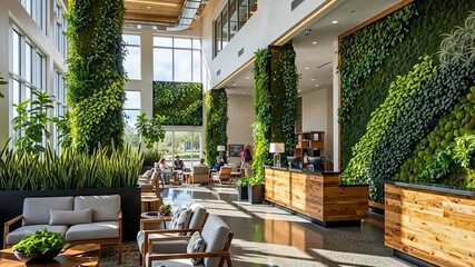 Biophilic Modern Lobby Interior with Lush Green Walls, Natural Light, and People Relaxing