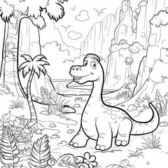 Cartoon dinosaur in prehistoric landscape coloring page