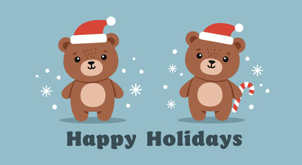 Vector Illustration of Cute Little Bear Characters with &ldquo;Happy Holiday&rdquo; Text for Greeting Card