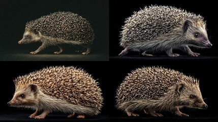 and keyword list based on the image

 Hedgehog Walking in Studio. Animal Portrait with Spikes & Fur Texture on Dark Background.