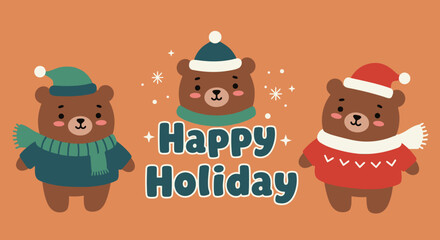 Obraz premium Vector Illustration of Cute Little Bear Characters with “Happy Holiday” Text for Greeting Card